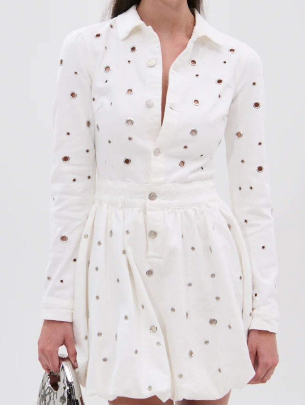 Akira White Cutout Grommets Button-Front Denim Shirt Dress